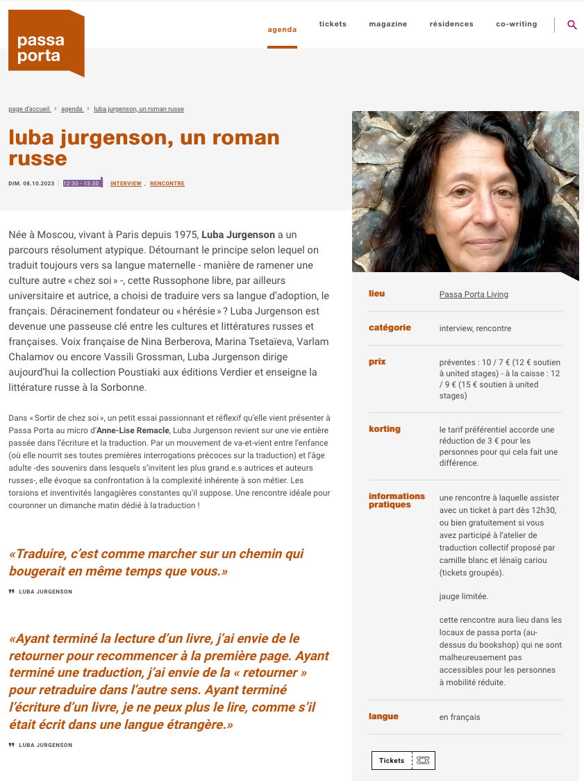 Page Internet. Passa Porta. interview, rencontre. Luba Jurgenson, un roman russe. 2023-10-08